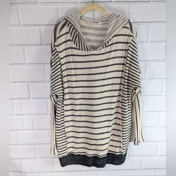 floor price Soft Surroundings Navy/Cream Striped Dolman Sleeve Raw Seam Hooded Pullover IlwUtlDH8 for sale
