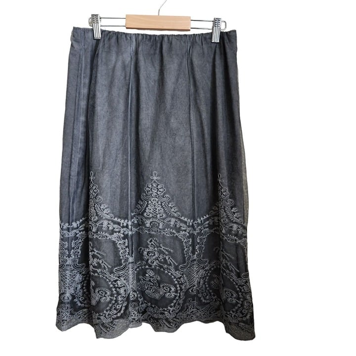 Beautiful Soft Surroundings Boho Skirt Gray Embroidere 