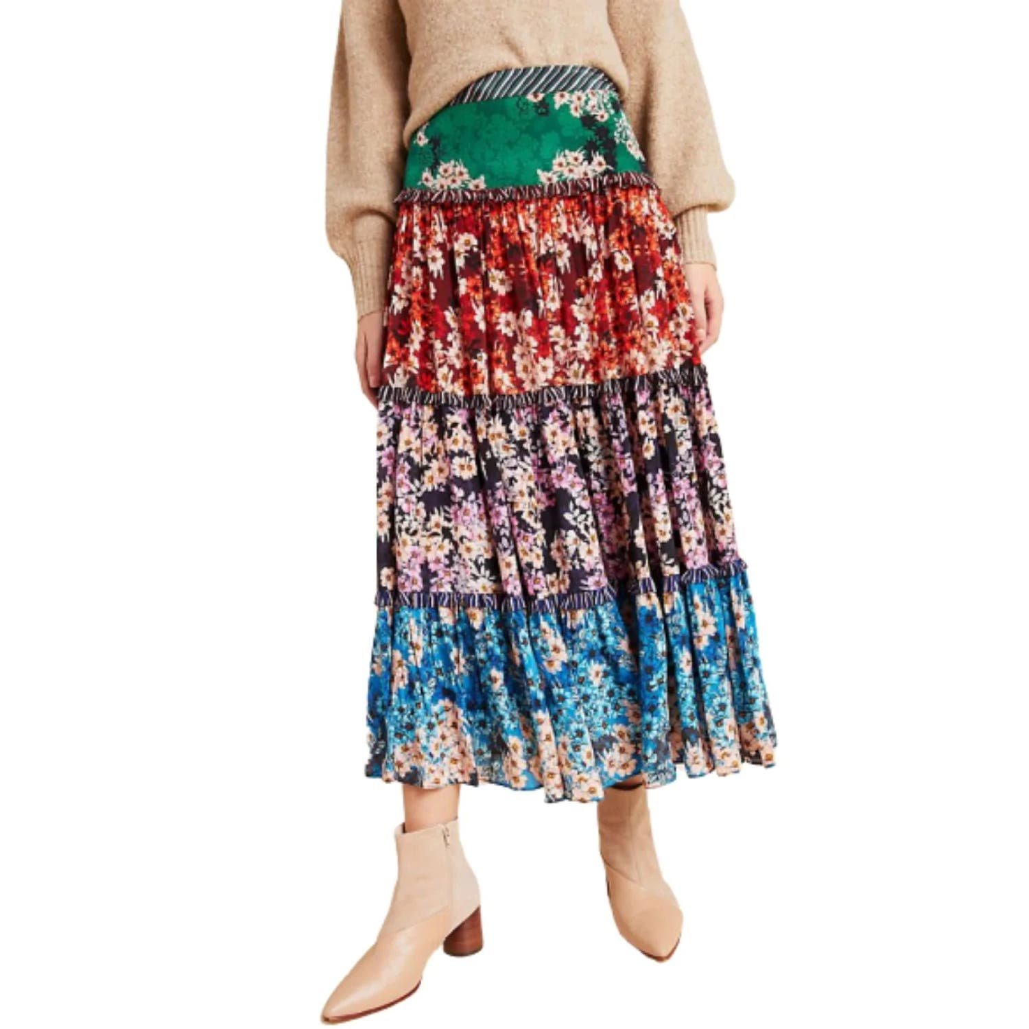 save up to 70% Anthropologie Bhanuni Maxi Skirt Tiered Floral Print Crepe A-Line Multicolor 10 fHpp1kqBG on sale