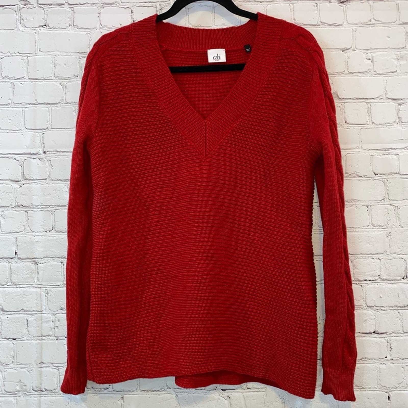 Popular Cabi Red Standout Pullover Cable Knit Ribbed Cotton V Neck Sweater pNMv3PP0h Everyday Low Prices