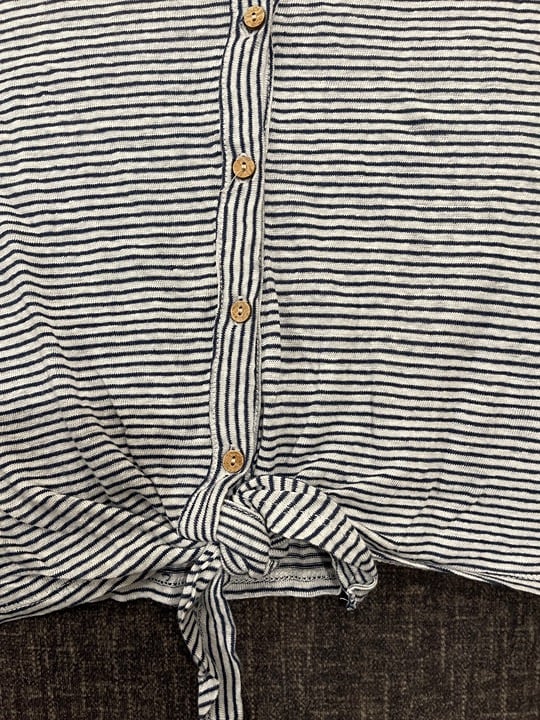 Stylish Short sleeve navy and white striped off the shoulder linen button up blouse top lqTtQvabe well sale
