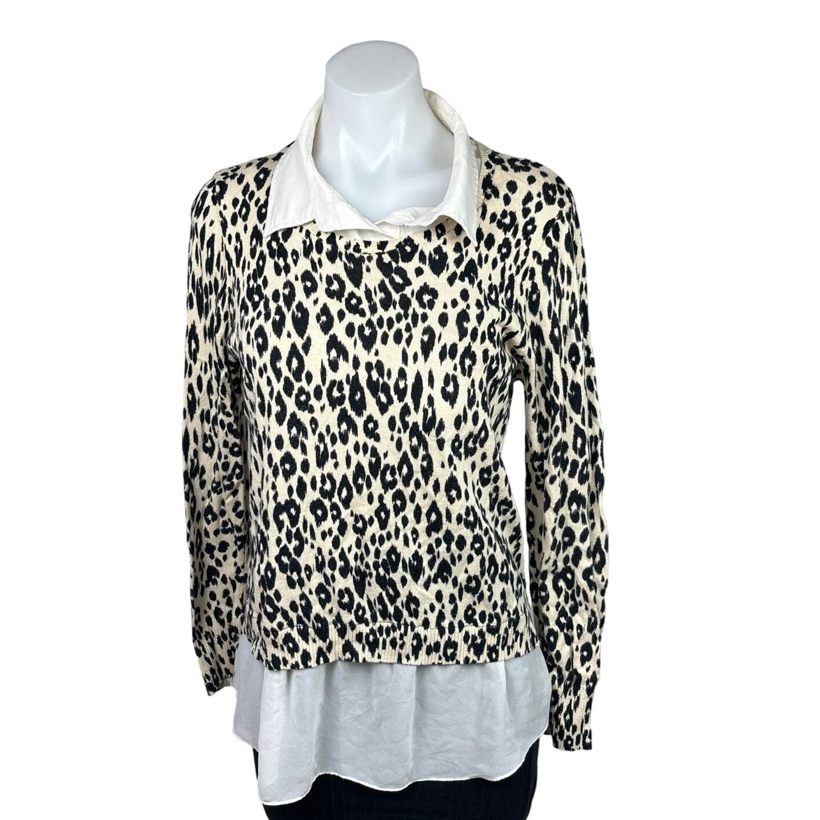 Amazing DKNY NWOT Black White Leopard Print Layered Long Sleeve Collar Sweater Top Sz L ovHDfVsAN hot sale