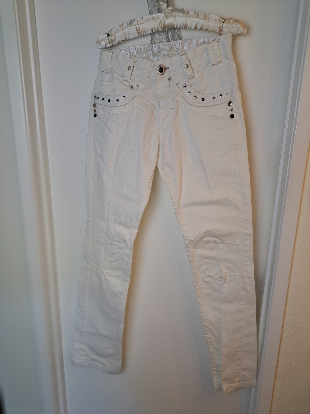 Cheap RNT 23 biker new white studded button front jeans