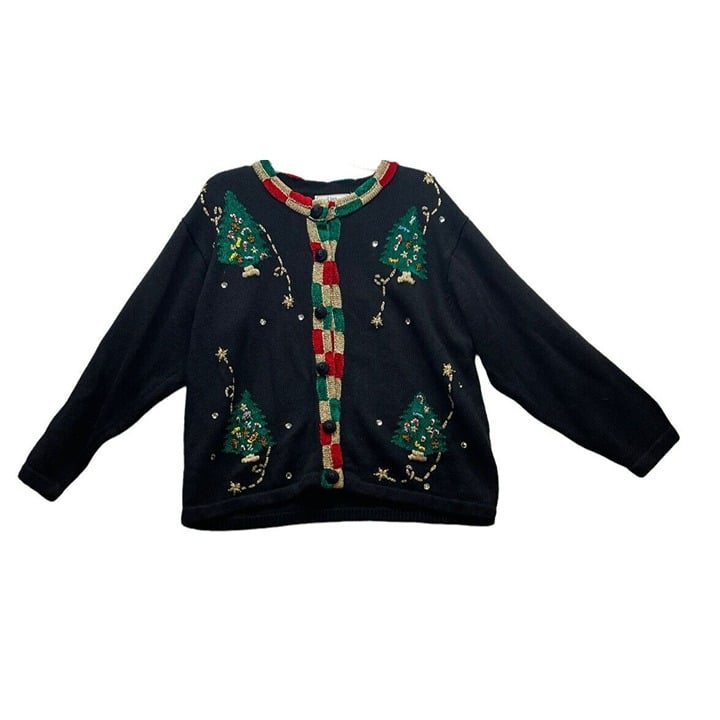 Exclusive VTG Lisa International Size XL Button Up Cardigan Sweater Ugly Christmas Trees hoqzpbVWs Low Price