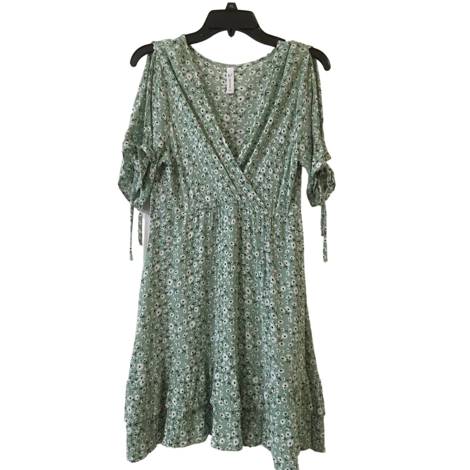 Buy Beachsissi Cold Shoulder M or L Dress Cover Up Ruffled Hem Green & White Floral NSkFalZdE hot sale