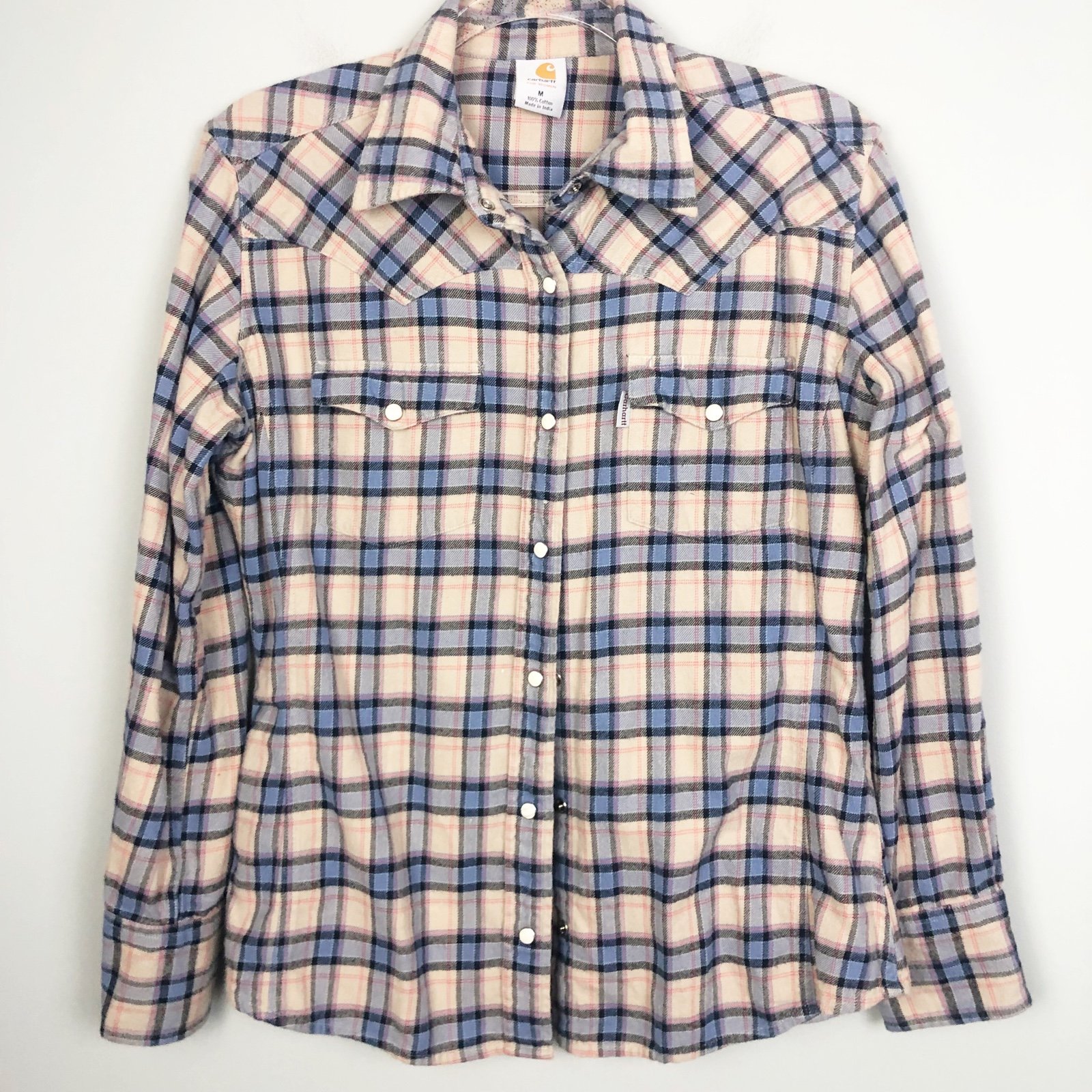 Simple CARHARTT | Tan & Blue Snap Front Plaid Flannel Long Sleeve Top Women’s Size M km1iQZyqg hot sale