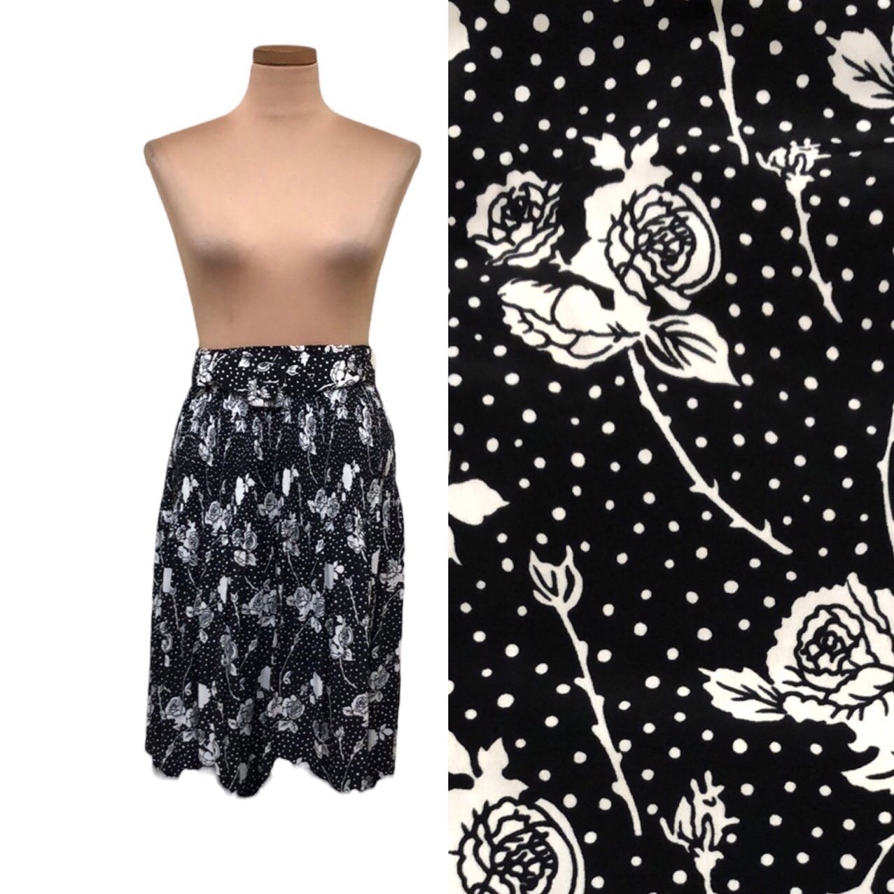 where to buy  Vintage 90s Midi Skirt Size Small Black White Polka Dot Rose Floral Print OA313amEU Fashion