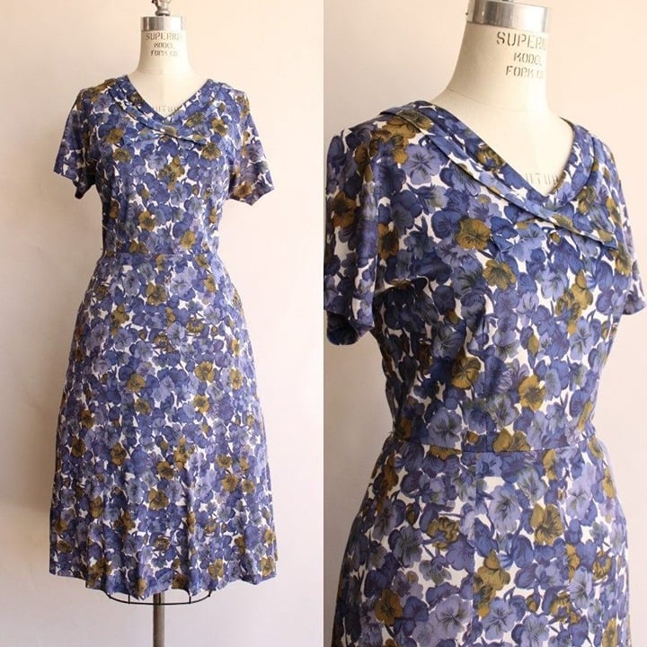big discount Vintage 1940s 1950s Dress /Classic Lady By Constantine Blue and Brown Floral JE00yDMHm Low Price