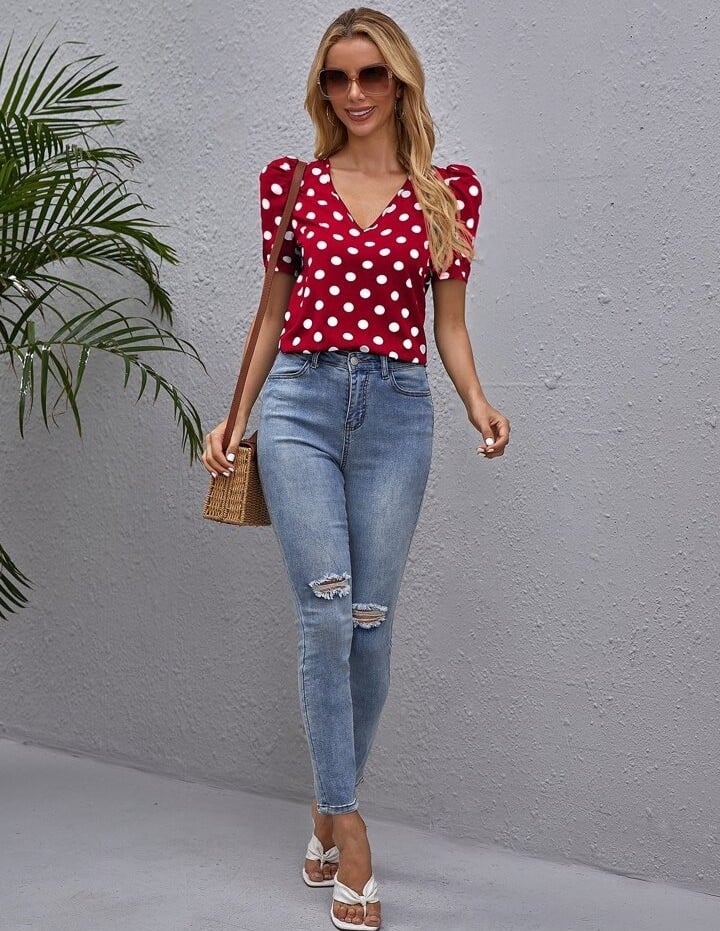 save up to 70% Shein Polka Dot Red short sleeve Top jgd