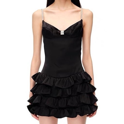 Promotions  Black Satin Mini Dress with Crystal Straps and Bow P4HryZuSE Discount