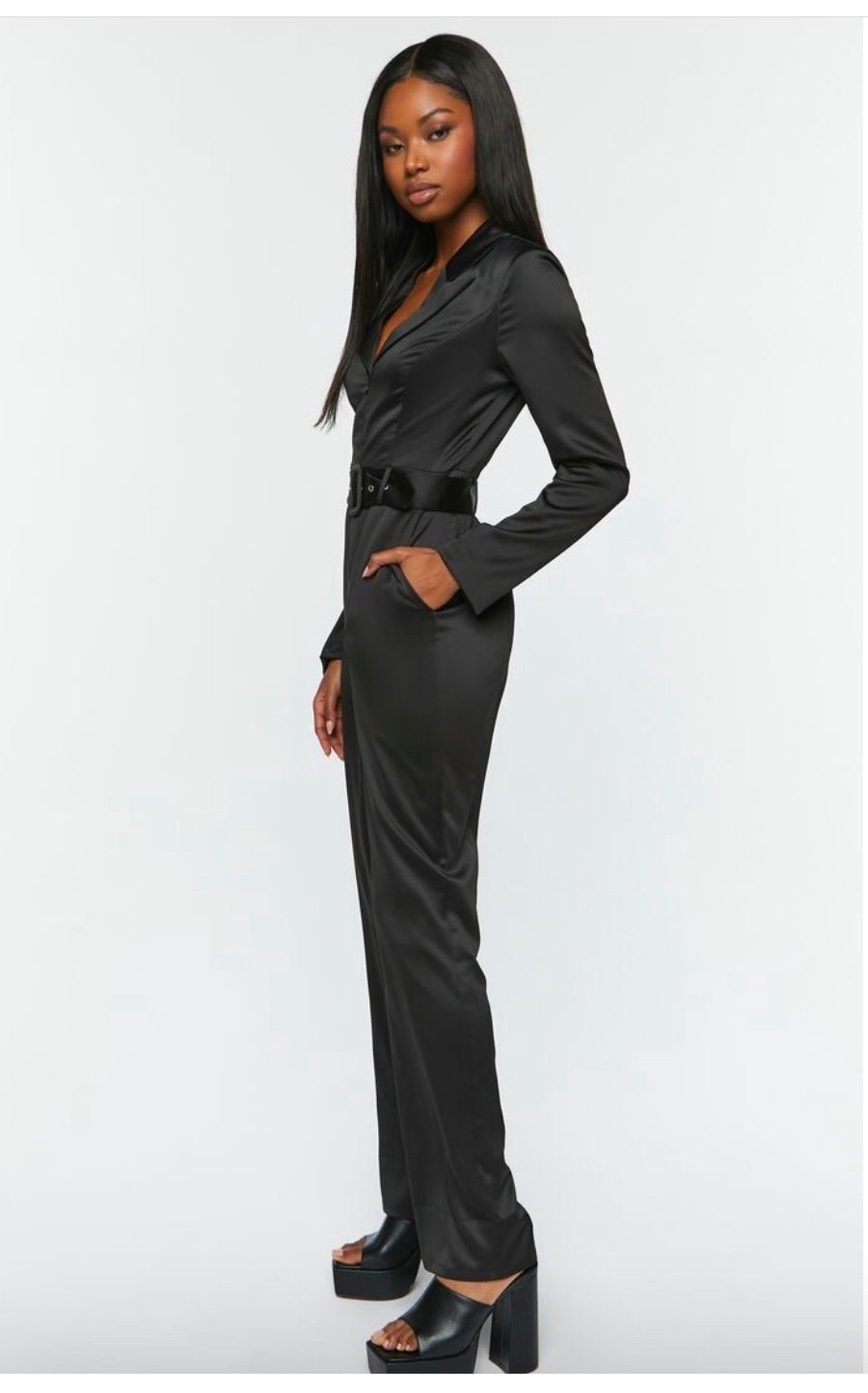 Beautiful Forever 21 Black Satin Belted Long-Sleeve Jumpsuit lYkKXrZ5a Online Shop