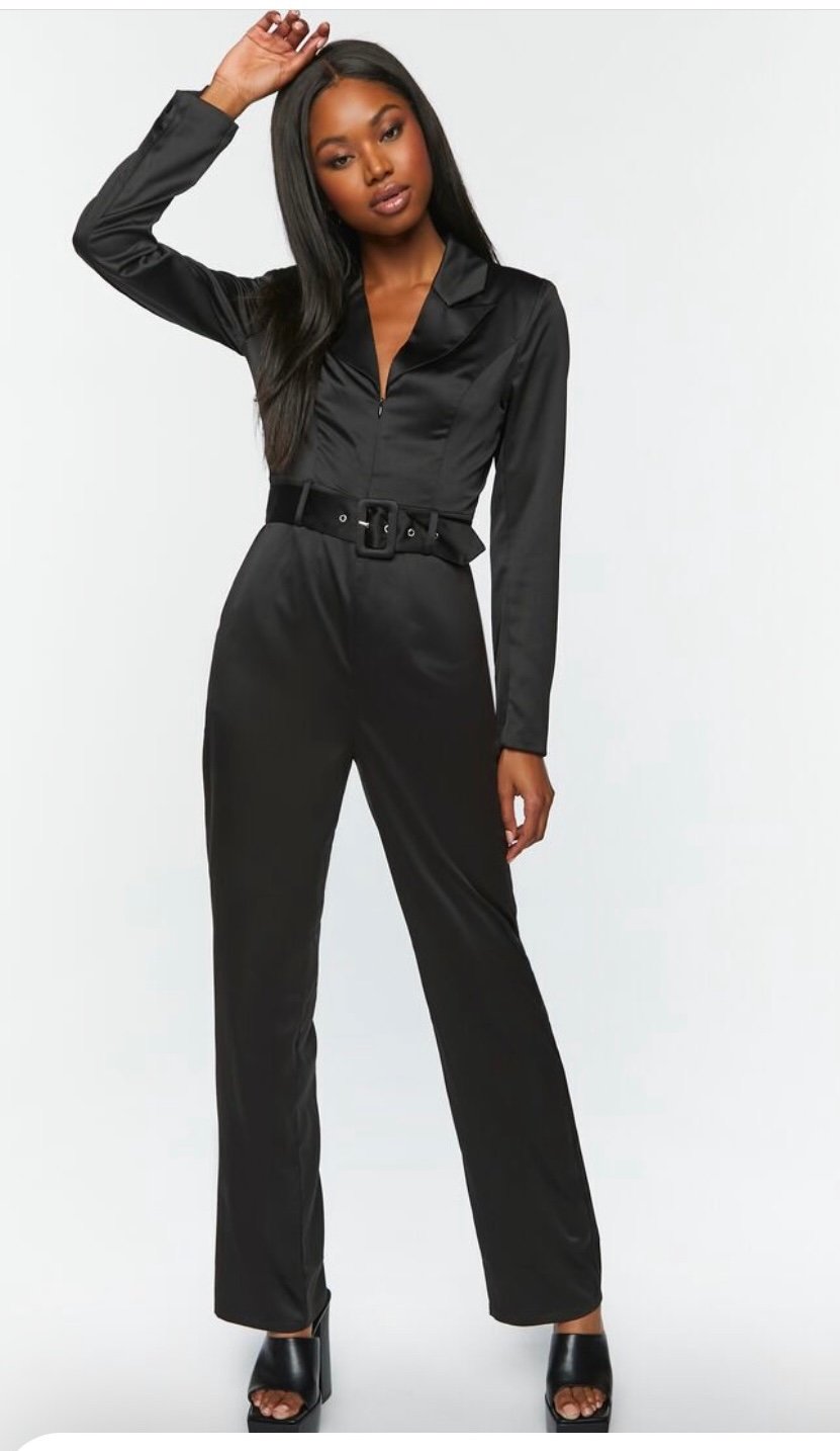 Beautiful Forever 21 Black Satin Belted Long-Sleeve Jumpsuit lYkKXrZ5a Online Shop