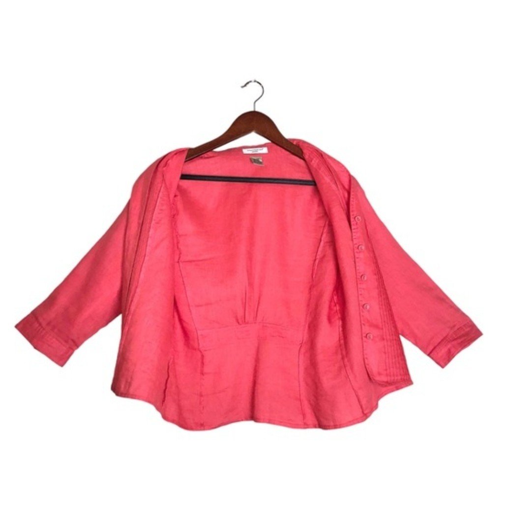 the Lowest price Vintage Coral Pink Linen 3/4 Sleeve Pintuck Pleat Button Front Shirt M86URbJ3E US Outlet
