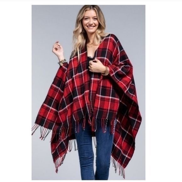Simple PLAID RUANA W/FRINGE ACCENT-NEW-PONCHO-ONE SIZE-NEW GOK8zWBEL Store Online