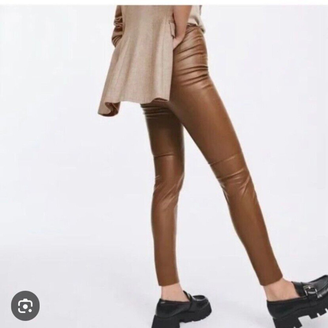 Personality Zara Brown Faux Leather Leggings Pants Wome