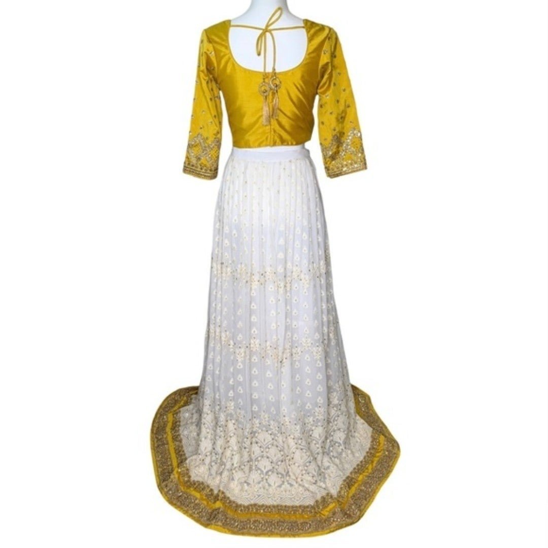 Beautiful NEW Indian Lehenga Choli Dupatta Set Embroidered Sequin Rhinestones Yellow White OYzjjQBXz outlet online shop