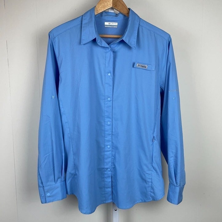 Custom Columbia PFG Long Sleeve Shirt Top Snap Front Long Sleeves Light Blue Womens XL k2HFRglUd on sale