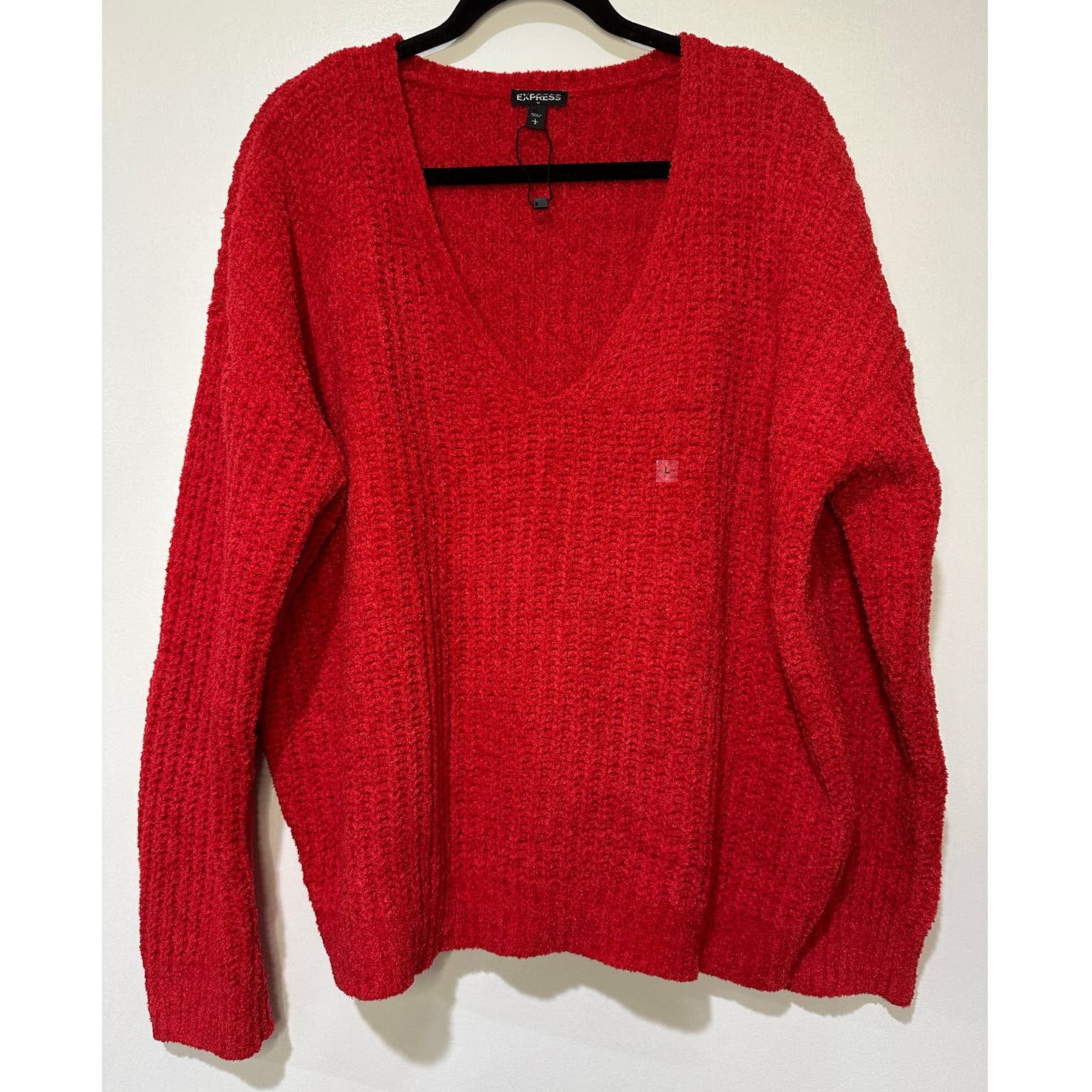 Stylish Express V-Neck Red Sweater Long Sleeves Oversiz