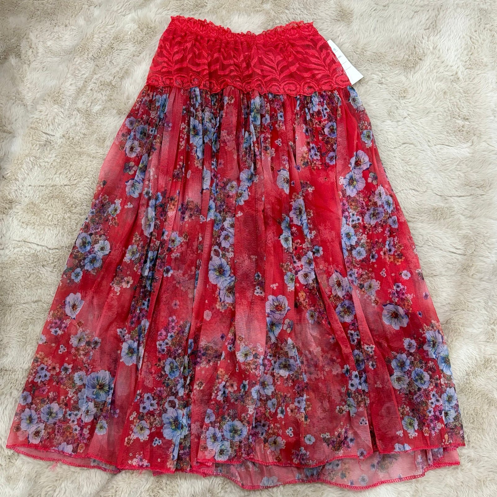 Amazing Floral print mid length skirt red color with mesh material and red fabric nNTSwh5d5 Fashion
