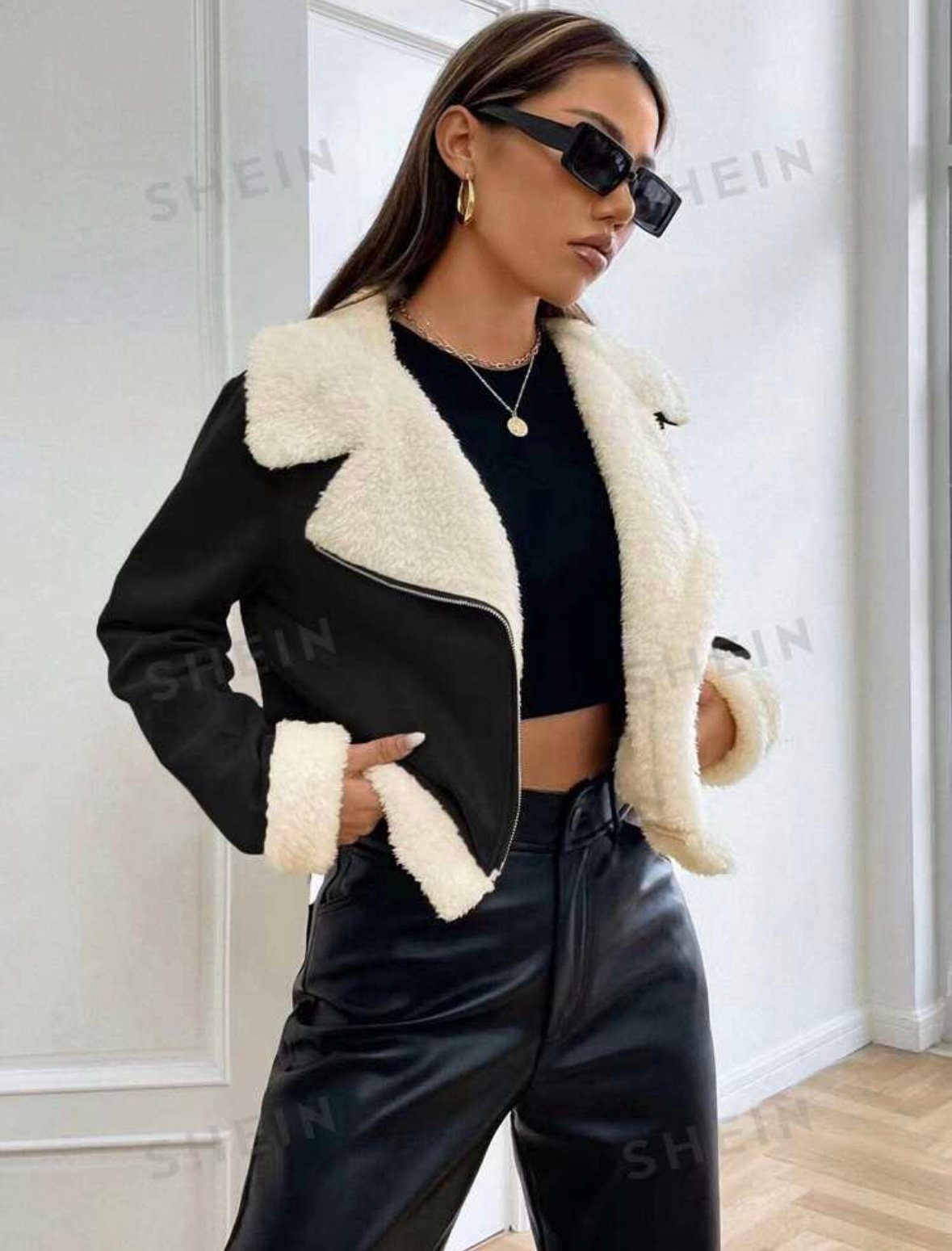 where to buy  SHEIN EZwear Teddy Lined Open Front Suedette Moto Jacket Phst7POWH Factory Price