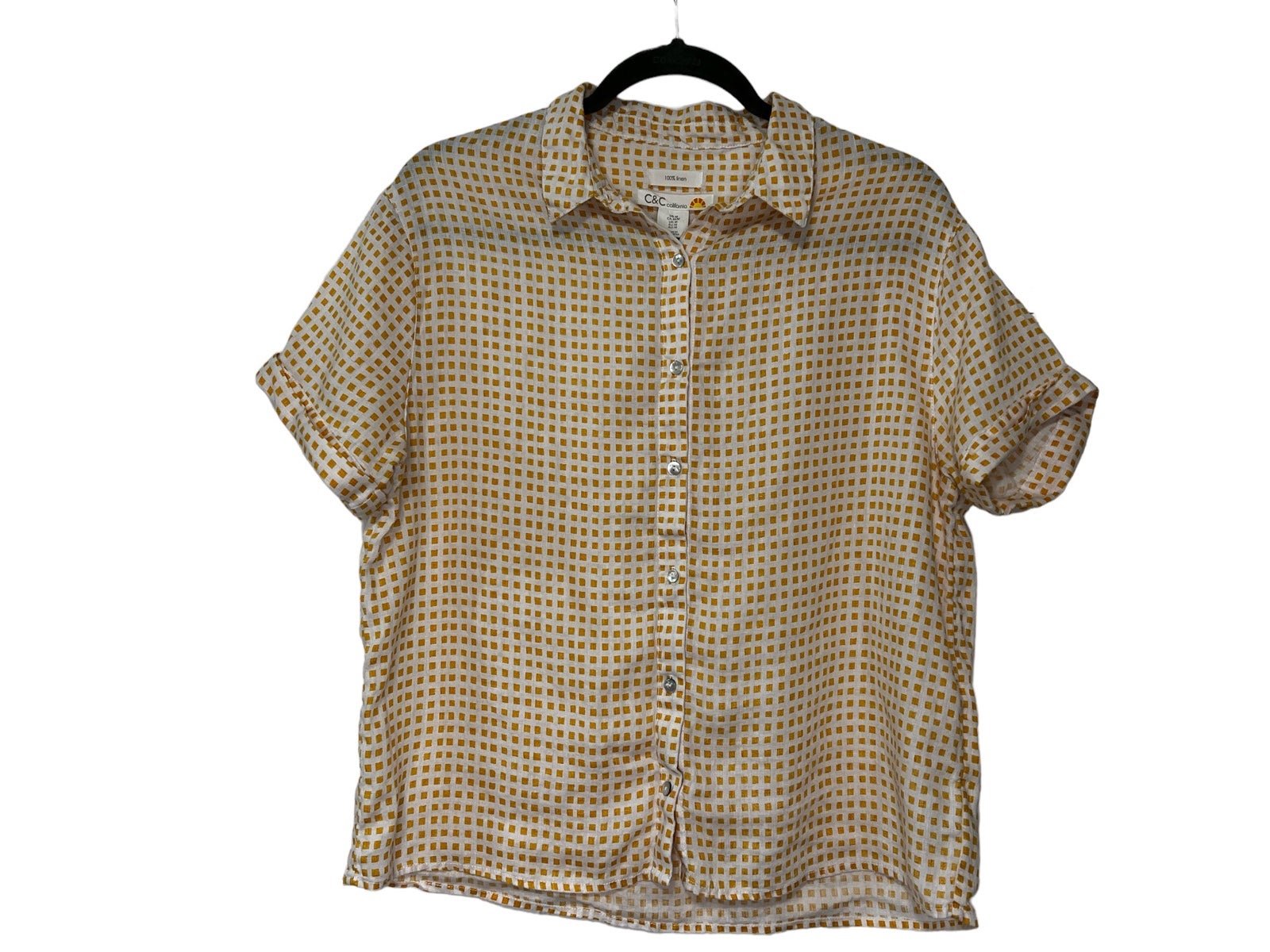 large discount C&C California 100% Linen Gingham Orange and White Button Down Short Sleeve Top peeXdU667 online store