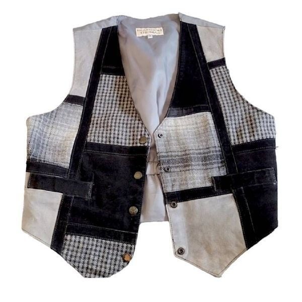 Fashion Vintage Brandon Thomas Black Grey Leather Patchwork Vest Small LwMv9hHR0 Low Price