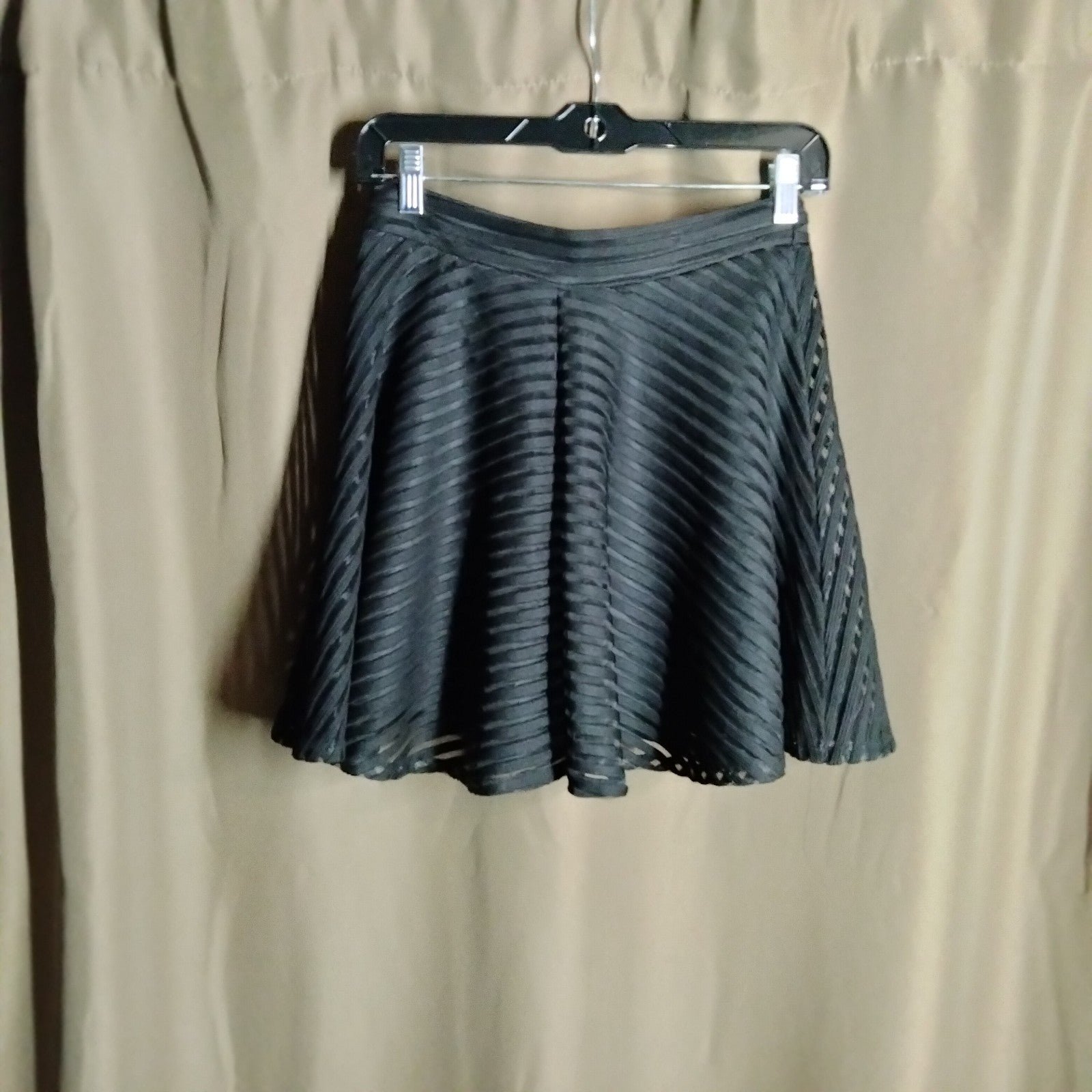 large discount Silhouette NYC M black mini A-line stripe seethrough skirt over grey slip 24/26