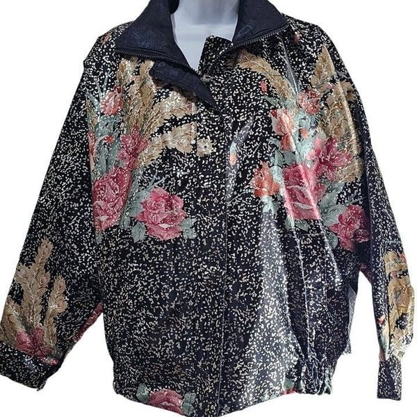Popular Vintage 90s Bomber Jacket Womens XL Black Gold Satin Floral Reversible no4f9BU56 on sale