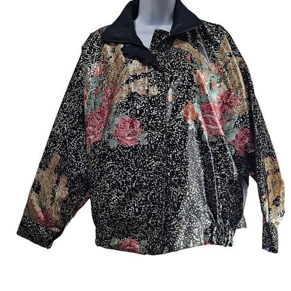 Popular Vintage 90s Bomber Jacket Womens XL Black Gold Satin Floral Reversible no4f9BU56 on sale