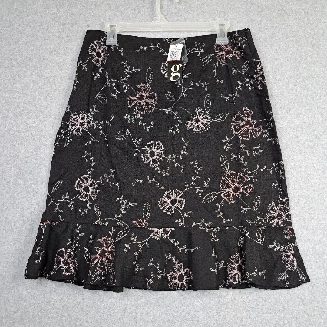 Classic Embroidered Skirt Ruffle Hem Essentials g 100% Linen Floral Size 12 With Tags GfzRgxqjN US Sale