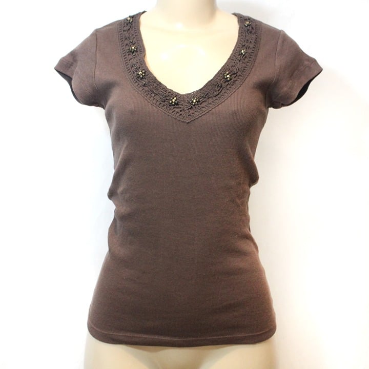 Authentic Y2K Millennium 2000s Angels Brown Bohemian Wooden Beaded Ribbed Crochet Tee Nl8f6ONxM Cheap