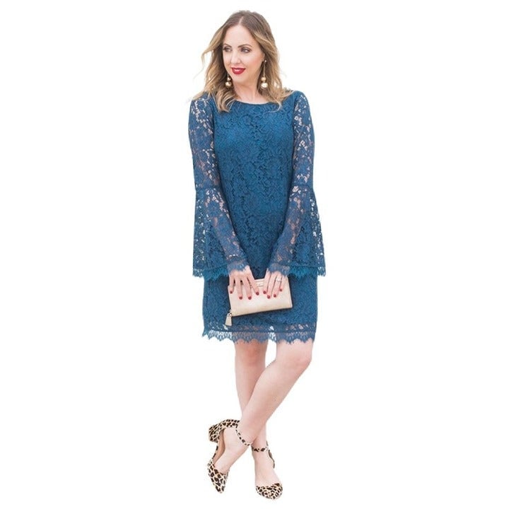 Comfortable New Evereve Teal Lace Flared Bell Sleeve Keyhole Back Sheath Cocktail Dress XS FWVwTO66U Low Price