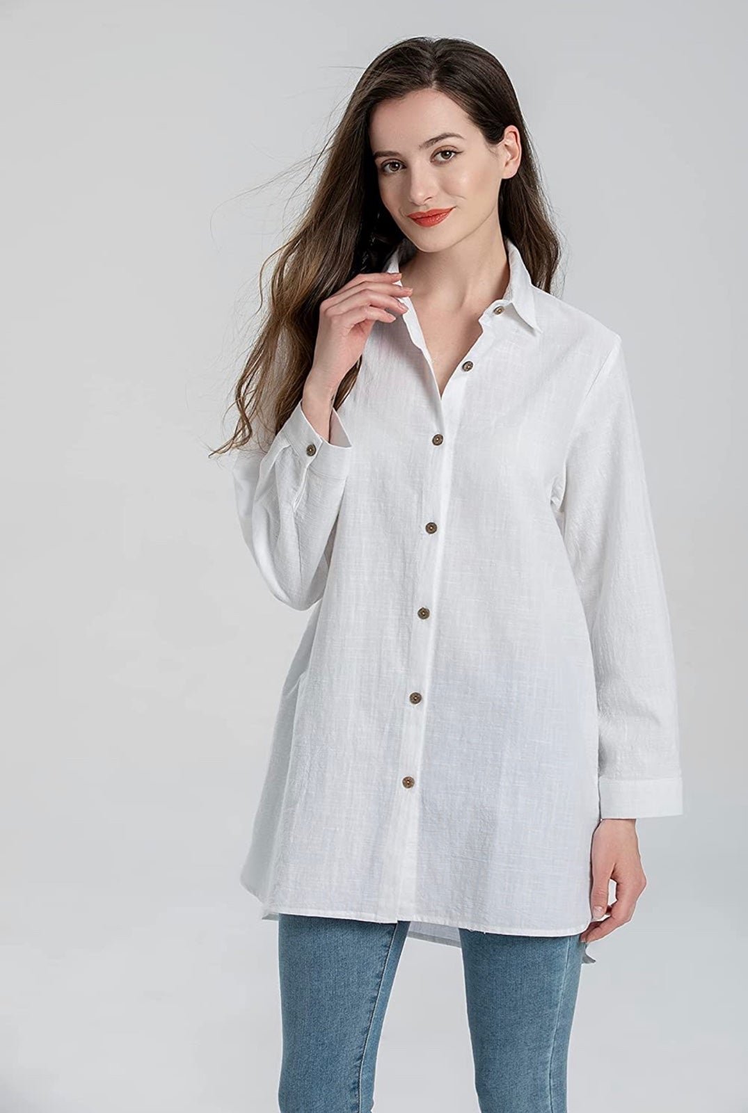 Discounted Women´s Long Sleeve Shirts Button Down Blouse Cotton Tunic High Low Tops NCVHAaXeu just for you