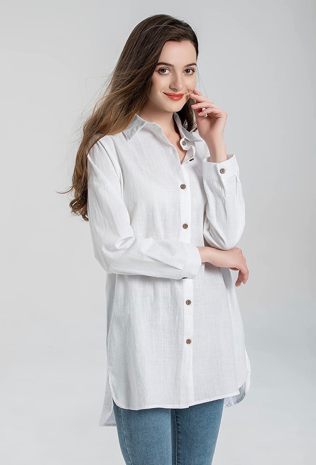 Discounted Women´s Long Sleeve Shirts Button Down Blouse Cotton Tunic High Low Tops NCVHAaXeu just for you