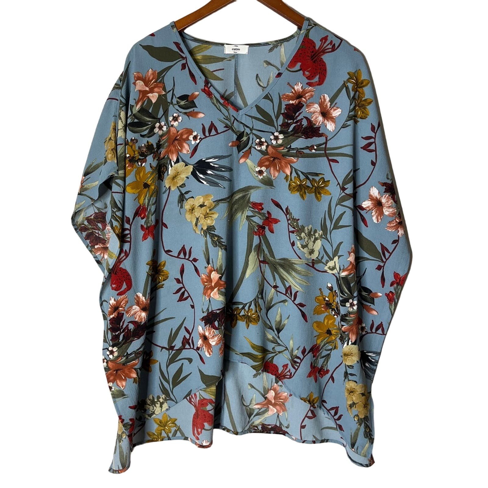 Perfect ENTRO Blue Floral V Neck Oversized Top k4pV53Vy