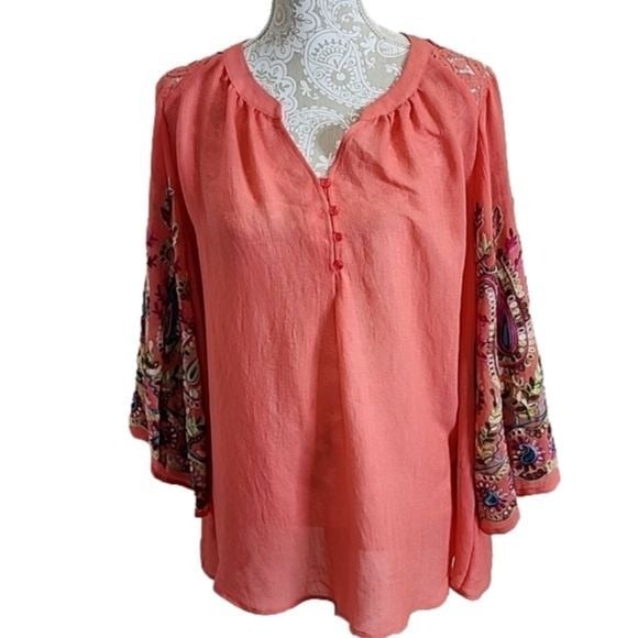 Authentic Zac & Rachel boho coral tunic with embroidered sleeves, size 1X OjTE39lMs US Sale