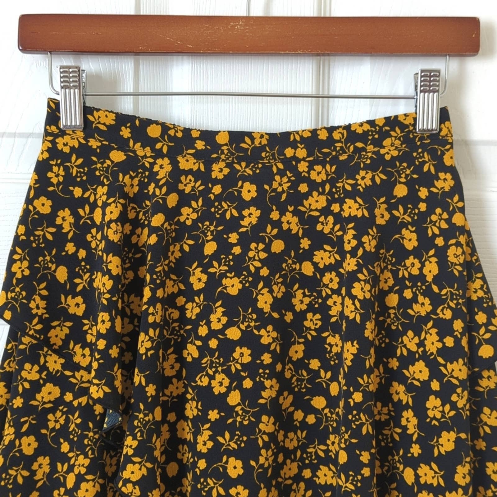 Stylish Topshop Floral Ruffle Layered High Waisted A-Line Mini Skirt Black Yellow Small oXcwxafsG well sale