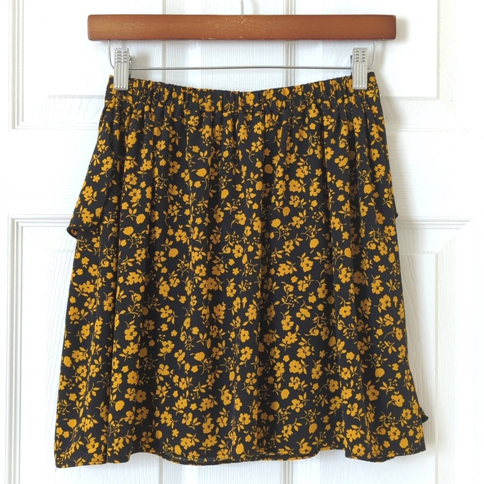 Stylish Topshop Floral Ruffle Layered High Waisted A-Line Mini Skirt Black Yellow Small oXcwxafsG well sale