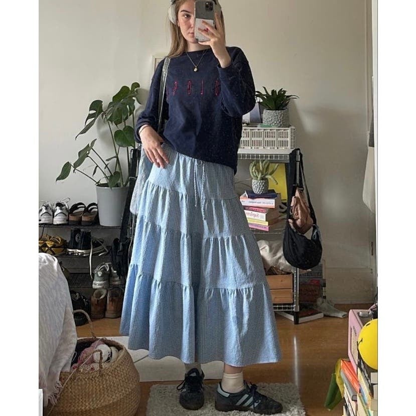 Perfect Y2K Women’s Midi Denim Skirt tiered Style Size 8 Ruffles FH4K6ir9b for sale