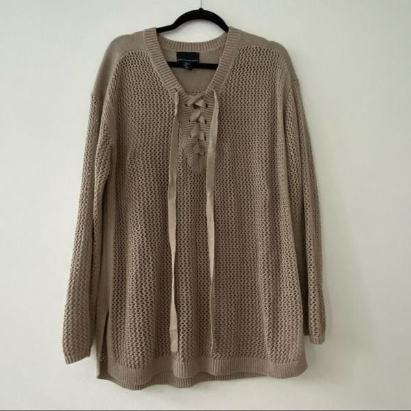 Custom Cynthia Rowley Tan Lace Up Open Knit Sweater Siz