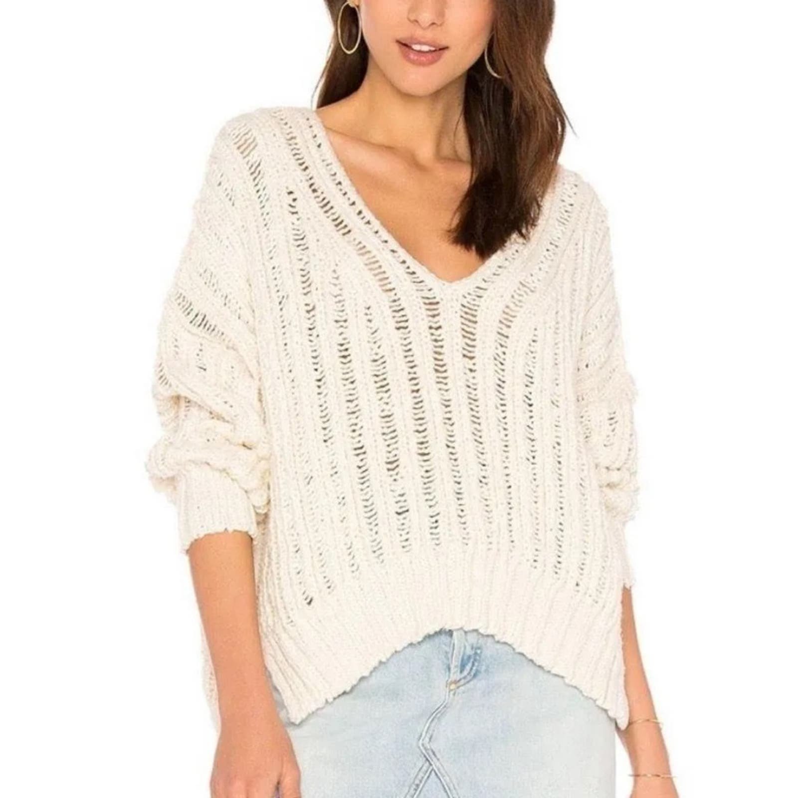 Wholesale price Free People Cream Oversized Infinite V-Neck Cotton Sweater Size M kk7SnMLyK Cool