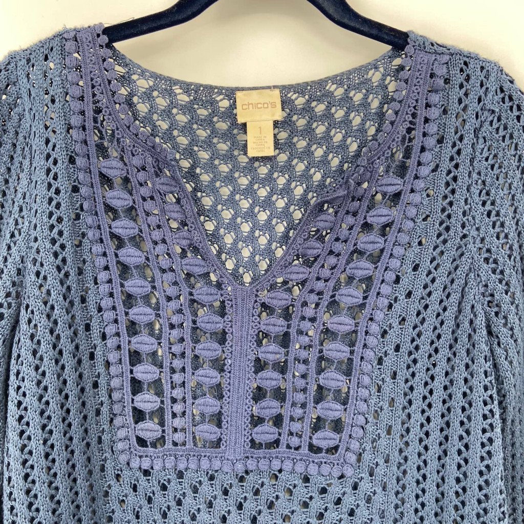 reasonable price Chico´s Women´s Crochet Knit Sweater Size 8-10 Blue 3/4 Sleeve V-Neck OqcTlDBUO Fashion