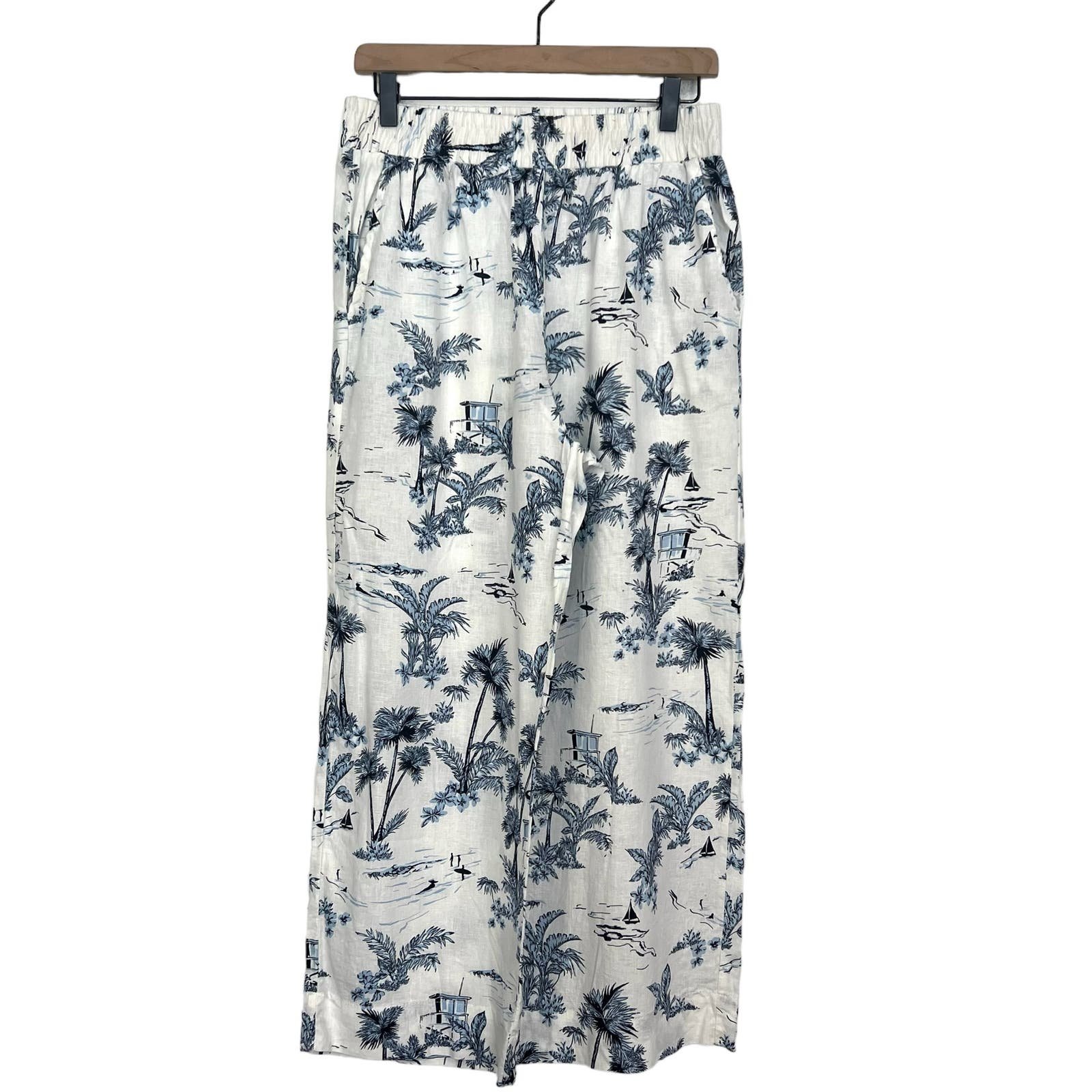 Affordable C&C California Women´s Wide Leg Linen Cropped Pull On Pants Size M Blue White nHWK3vqjW online store
