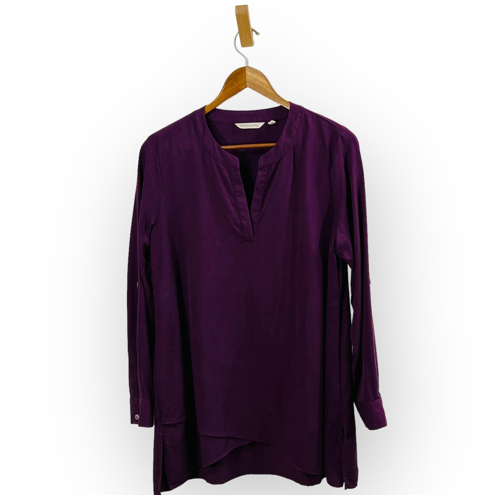 where to buy  Soft Surroundings Tunic Top Size Medium Purple Woven Tencel Roll Tab V-Neck LsQUBFHGZ US Outlet