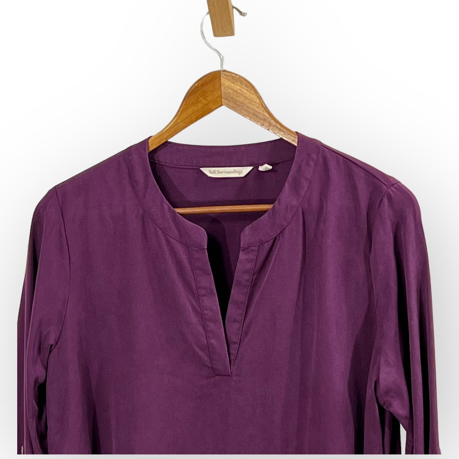 where to buy  Soft Surroundings Tunic Top Size Medium Purple Woven Tencel Roll Tab V-Neck LsQUBFHGZ US Outlet