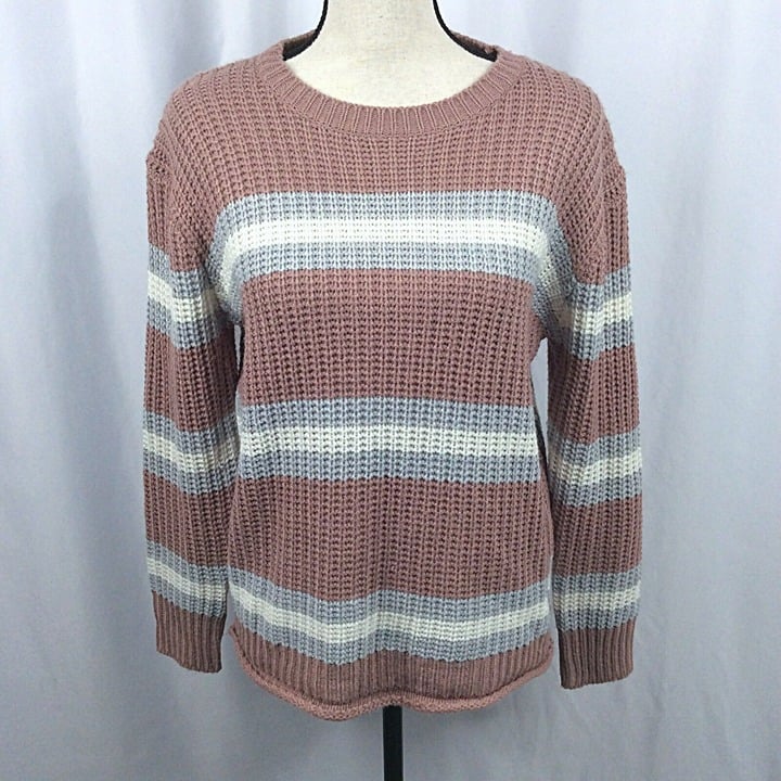 Latest  Pink Rose Womens Size Large Sweater Mauve Gray Striped Chunky Knit Long Sleeve oxv3kHY3u best sale