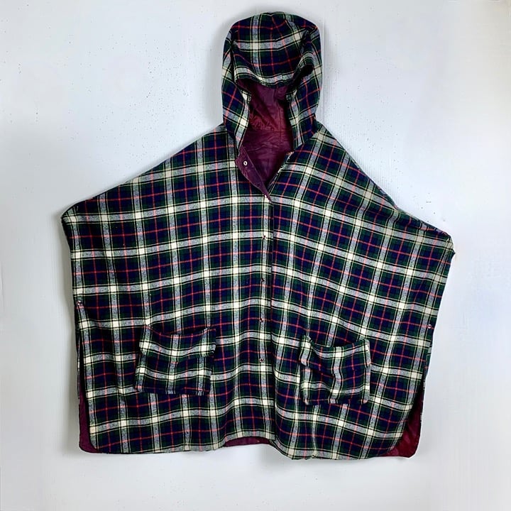 Affordable Vintage Hand Made Wool Plaid Poncho One Size Hood Snap Front Fully Lined Tartan gUD7FvQXr just for you