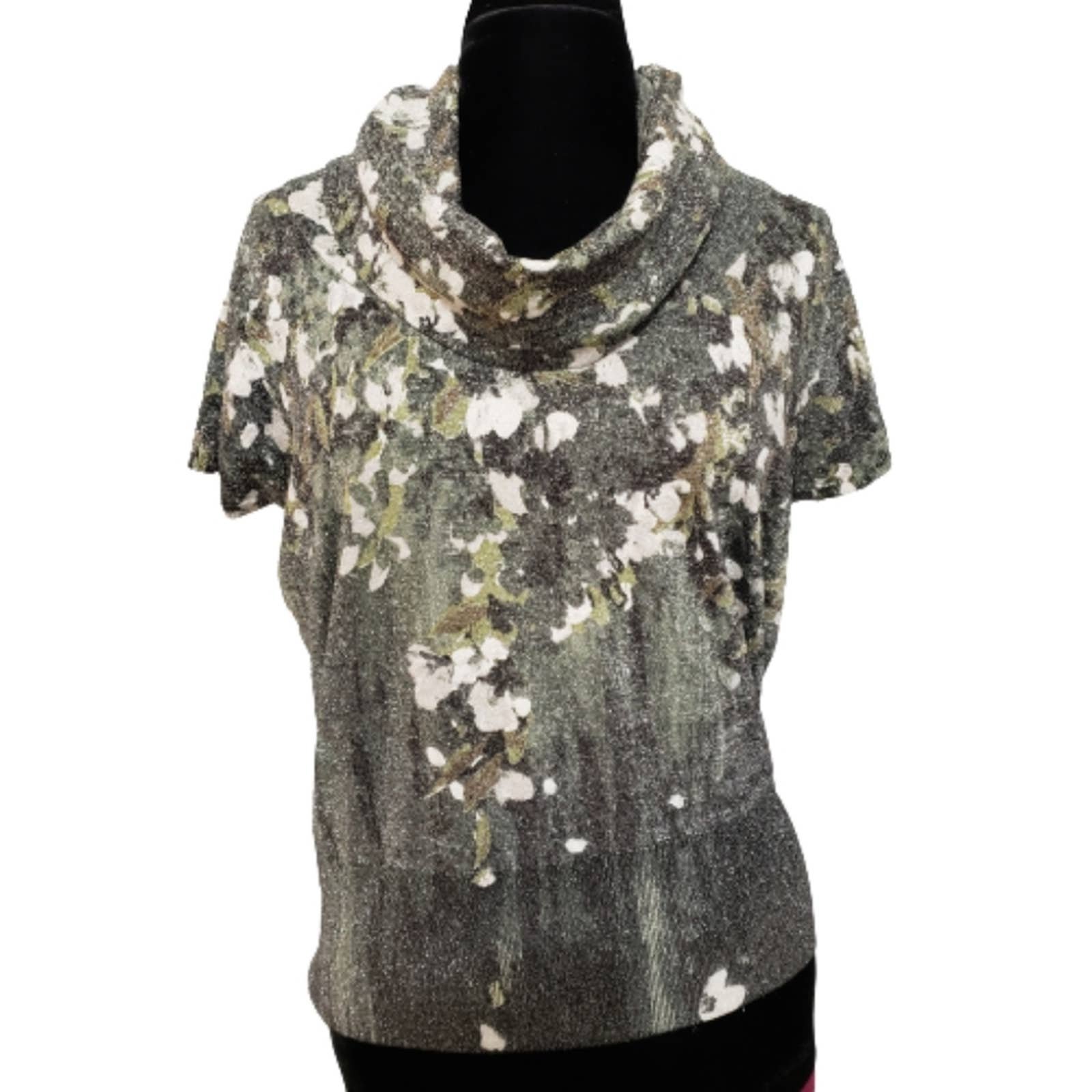 high discount Floral Silver and Green Cowl Neck Metallic Short Sleeve Knit Sweater Large iDroYxvk8 Everyday Low Prices