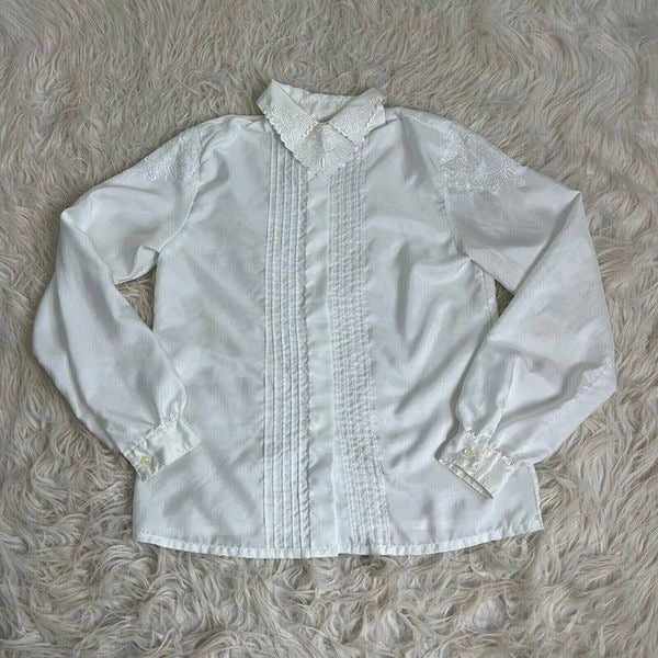 Authentic Nicola Women´s Pintuck Lace Long Sleeve White Vintage Blouse Size 6 Academia kSUad1sgp best sale