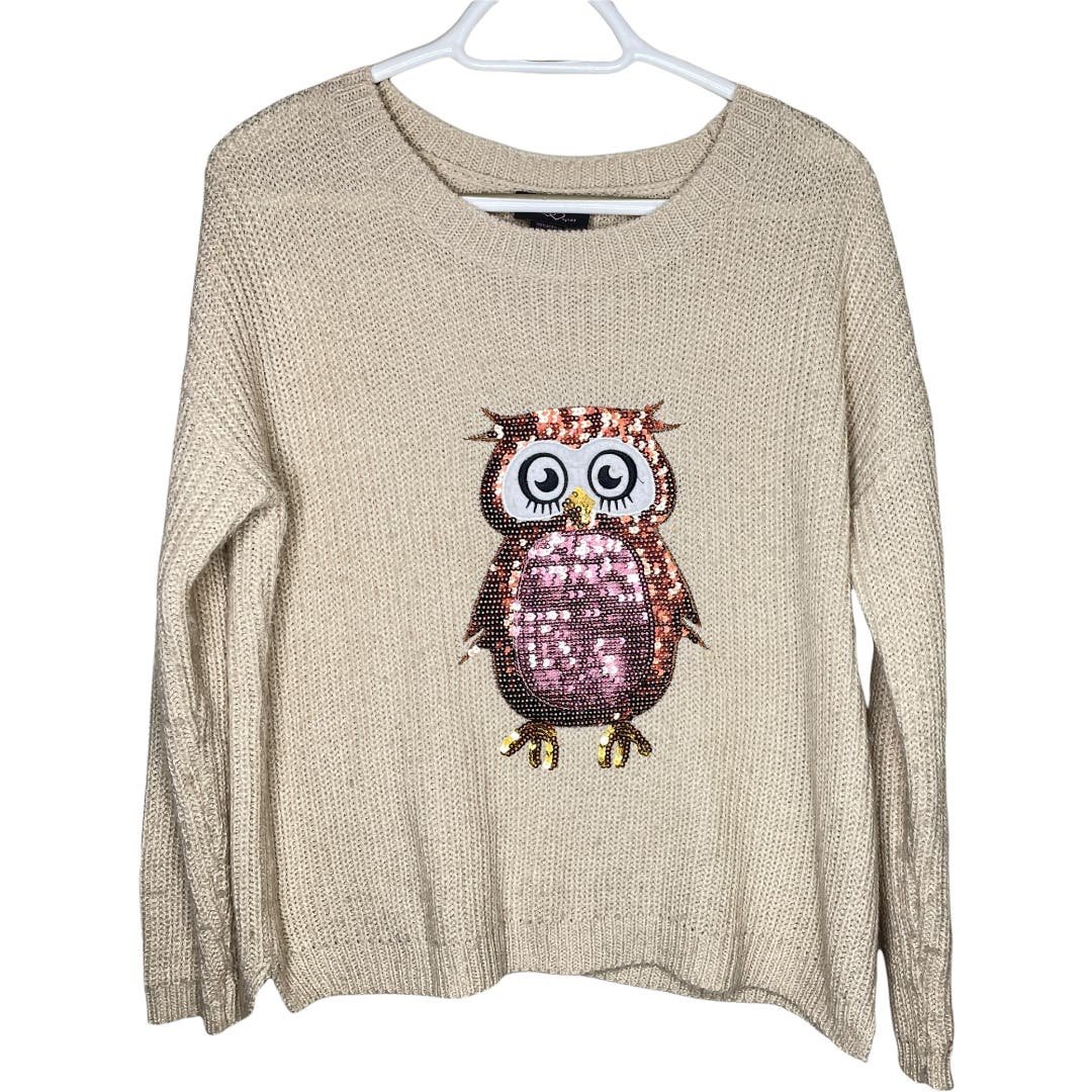 large discount Hooked Up Sequined Owl Tan Chunky Knit S